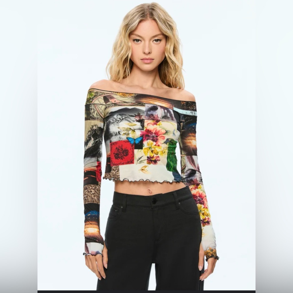 Alice + Olivia Multicolor Patchwork Off-Shoulder Crop Top
